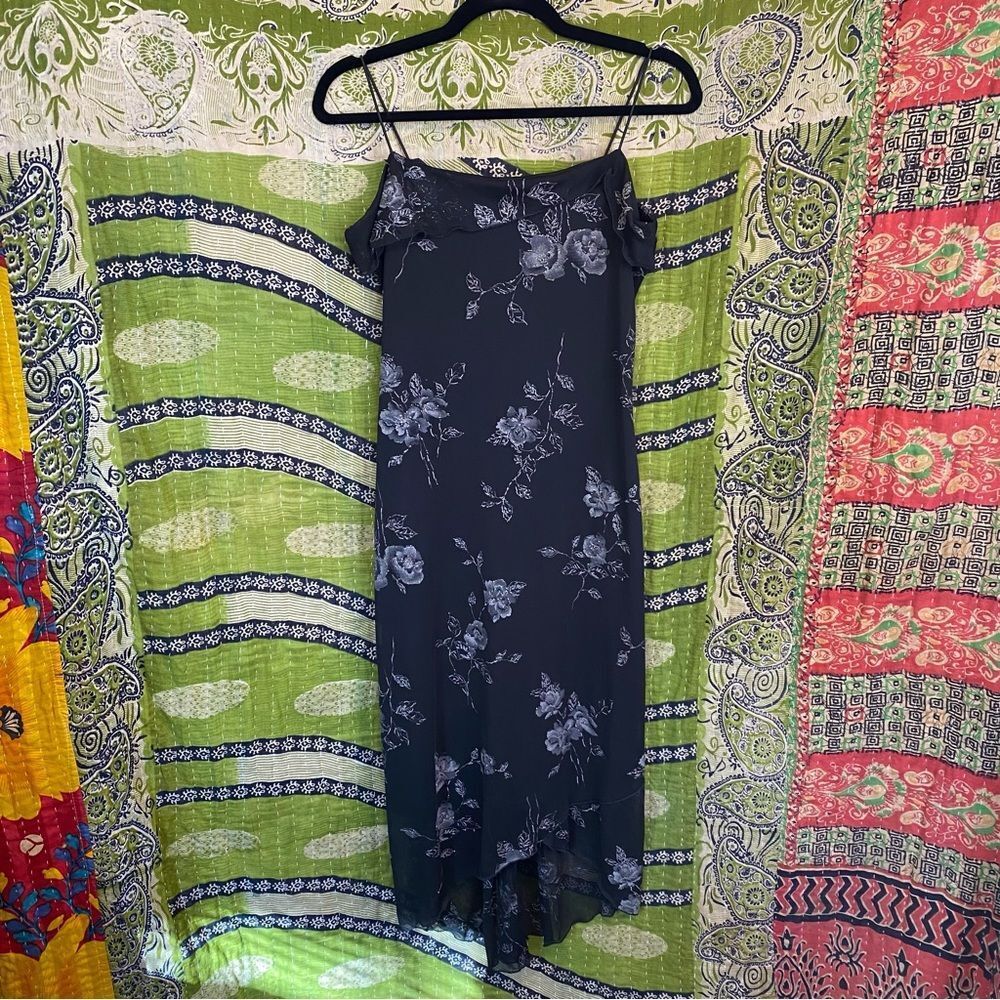 90s Byer Too! Deadstock Floral Black Midi Dress Size Small